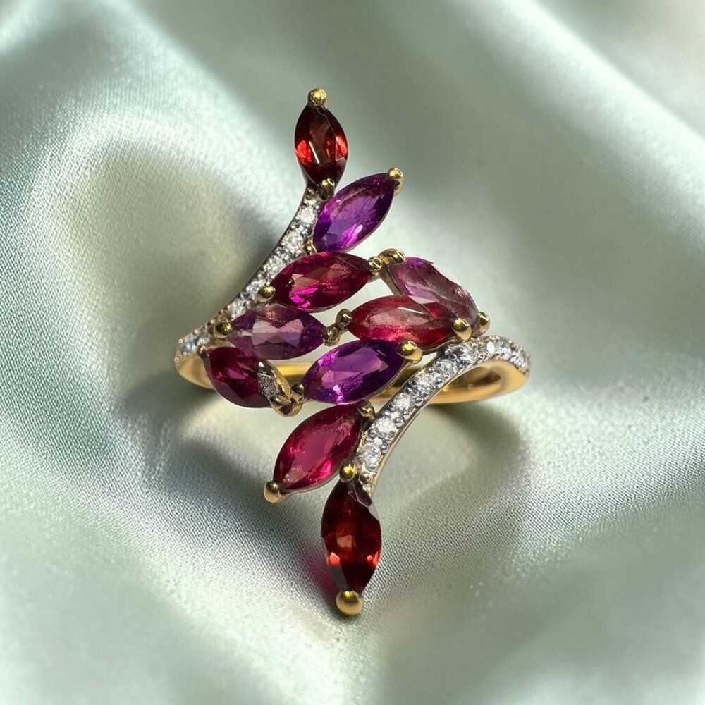 10K Gold Natural Garnet & Purple Amethyst Leaf Vine Bypass Ring -Sz 7 -Marquise
